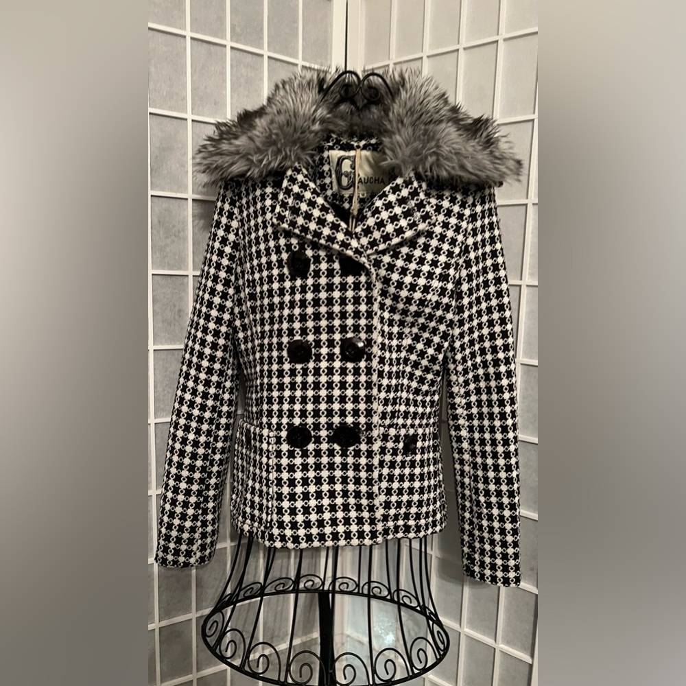 Women’s GAUCHA Tweed Checkered Fur Collar Coat Jacket - Picture 7 of 16